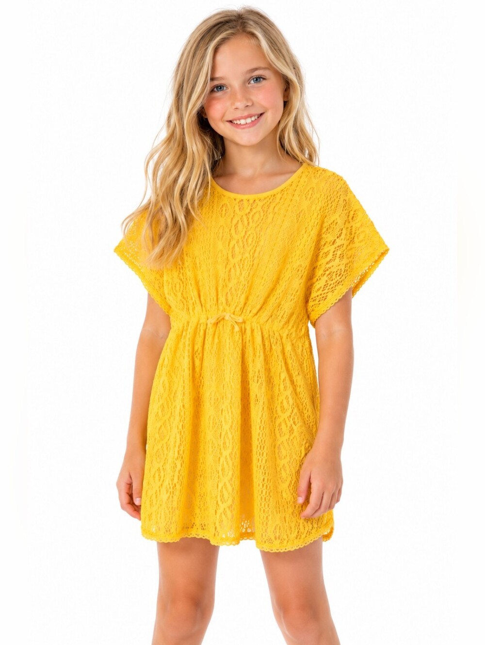 Girls Boho Beach Golden Yellow Lace Dress Cover Up 10-11 Years Elastic Waist